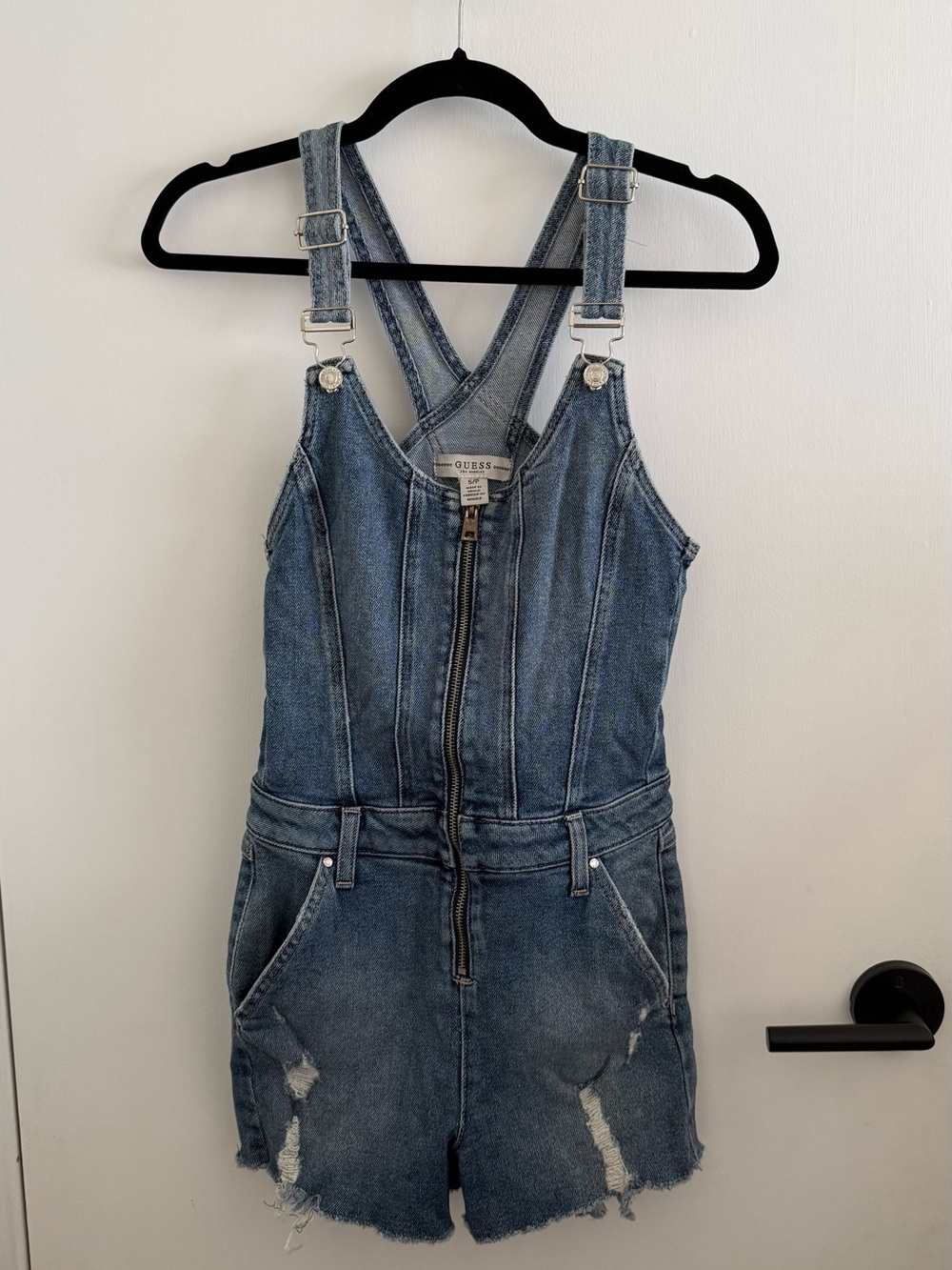 GUESS Destroyed Denim Romper Overalls Shorts